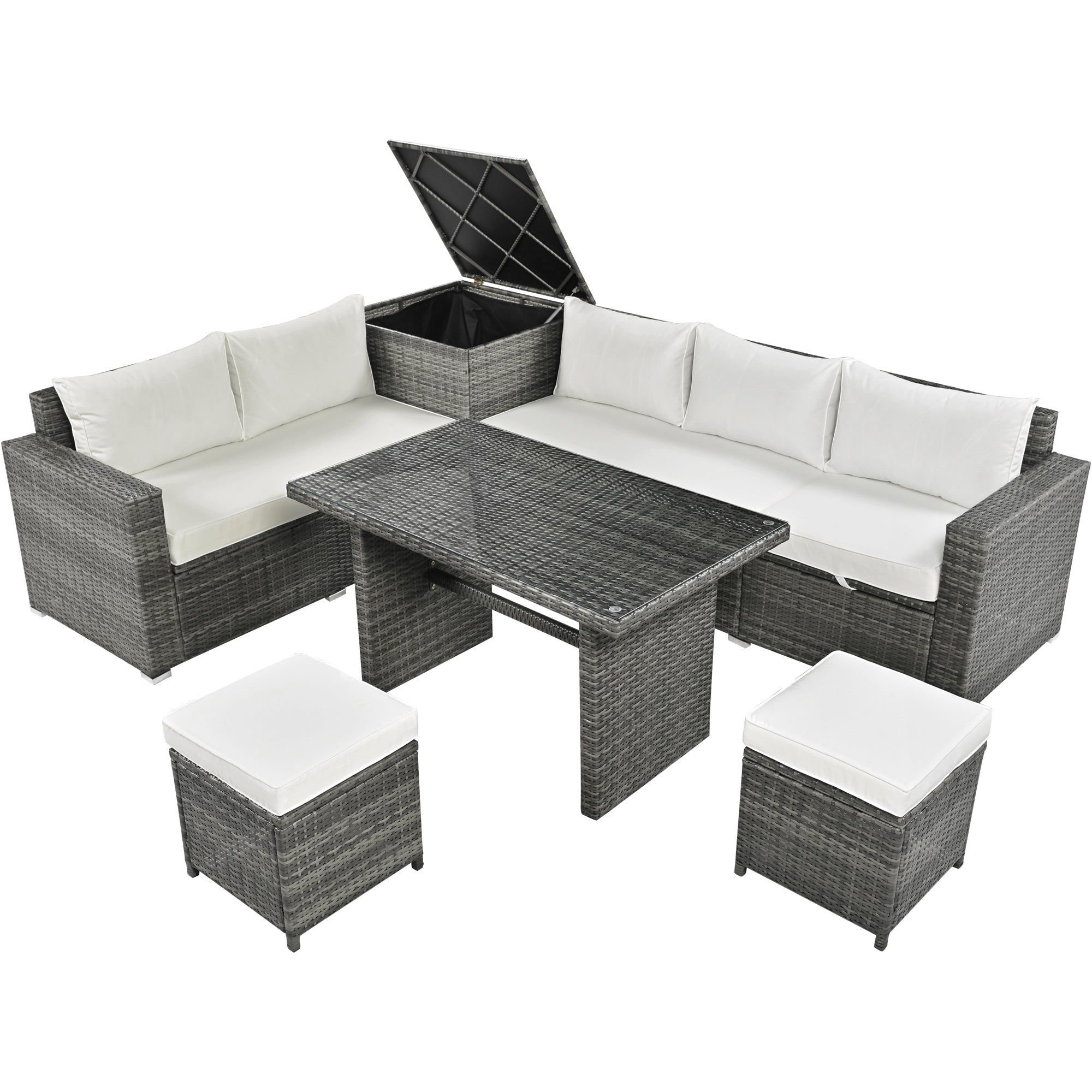 Outdoor 6-Piece All Weather PE Rattan Sofa Set, Garden Patio Wicker Sectional Furniture Set with Adjustable Seat, Storage Box, Removable Covers and Tempered Glass Top Table
