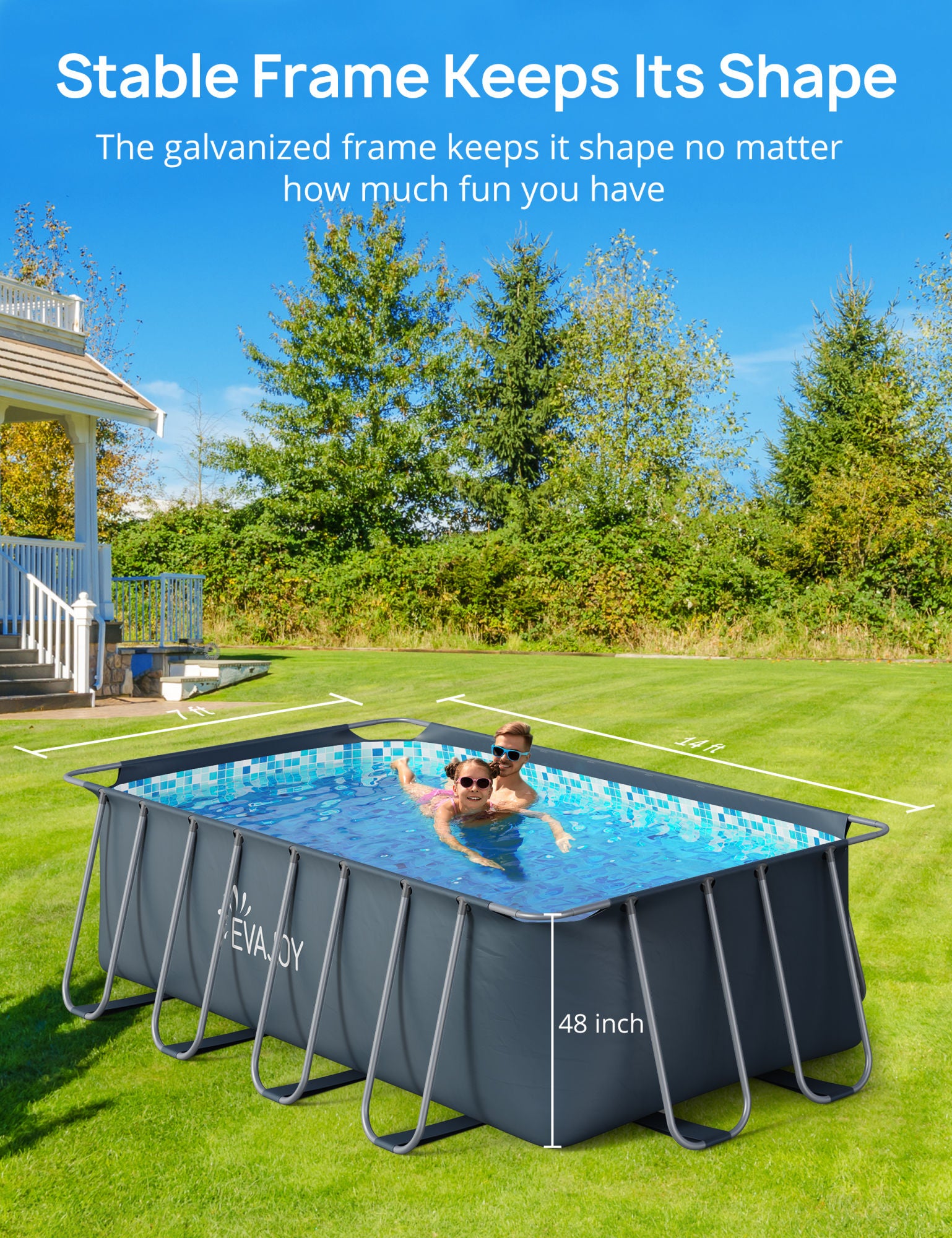 14ft x 7ft x 48in Metal Frame Swimming Pool Set for Families, Rectangular Above Ground Pool Set with Cartridge Filter Pump, Filter Cartridge, Pool Ladder, Ground Cloth, Pool Cover for Backyard